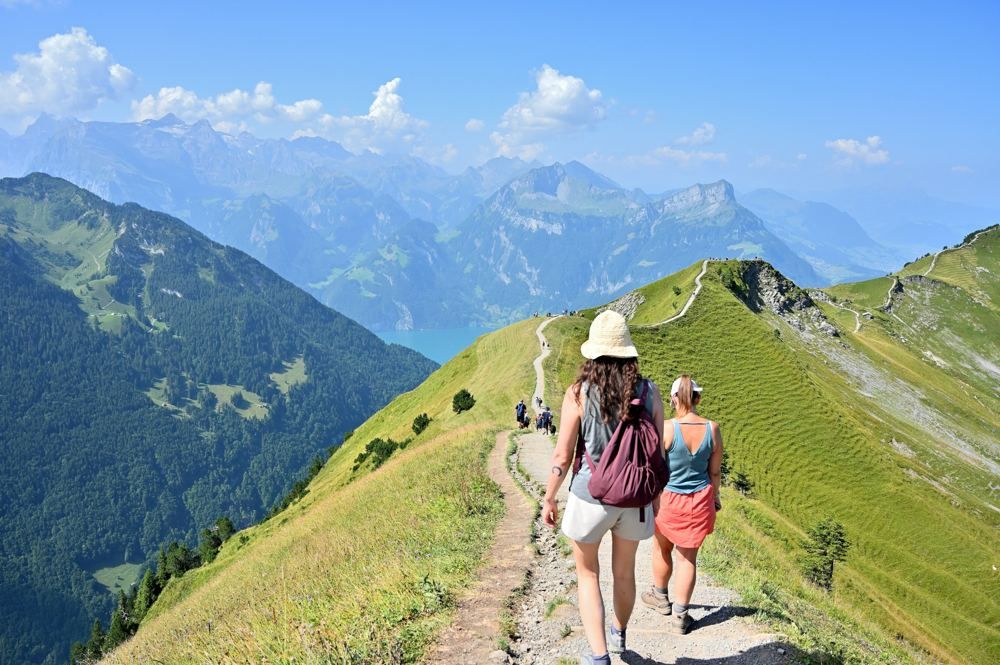 Two hikers walking a green ridge trail